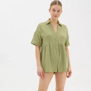Urban Outfitters Green Kendra Linen Button Front Romper Medium